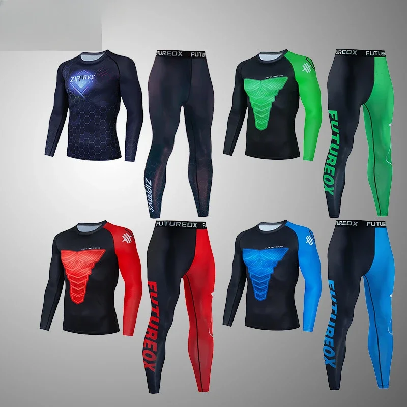

New Sports Training Running Fitness Suit Long Sleeve Shirt Top Tight Pants Sets Sportswear Gym Workout Compression Clothing Men