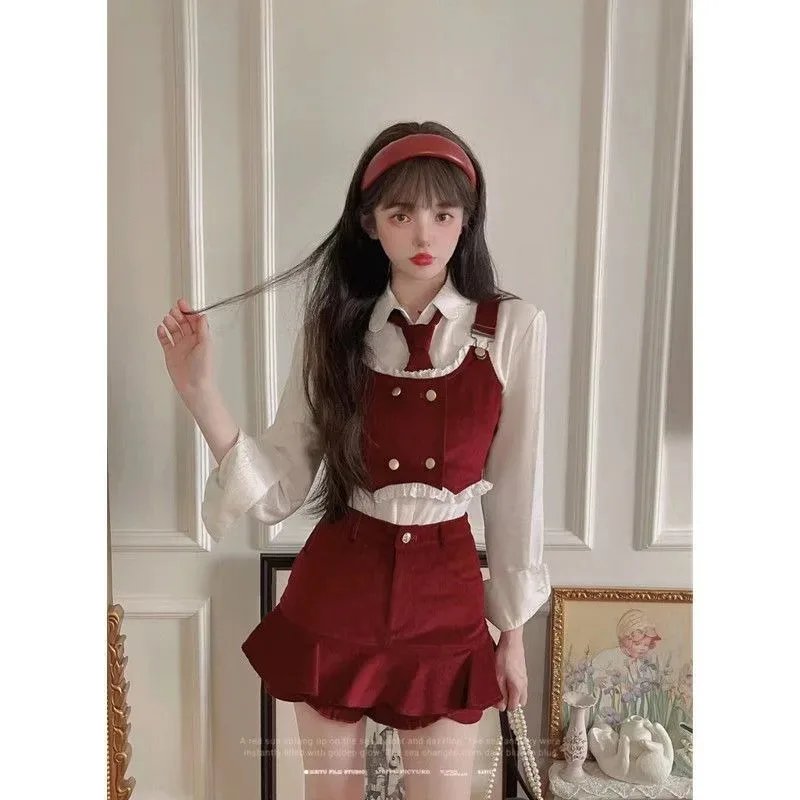 

Academy Sweet Spicy Girl Shirt Vest Skirt Three Piece Set Women Fashion Flounce Splice Tie Cool Retro Korean Spring Slim Suit