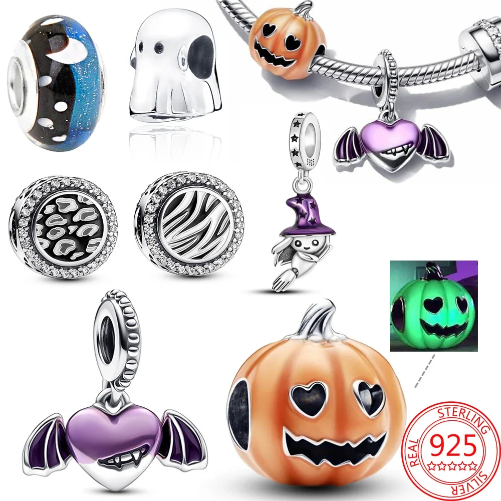 

New Halloween Charm 925 Silver Murano Glass Beads Pumpkin Bat Witch Charm Fit Bracelet & Bangle Christmas Jewelry Gifts