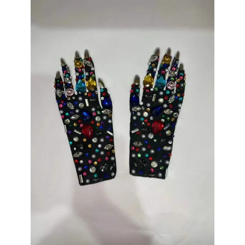 

Luxurious Colorful Rhinestone Mesh Gloves Shining Crystal Short Gloves Nightclub Party Outfit Stage Performance Show Accessories