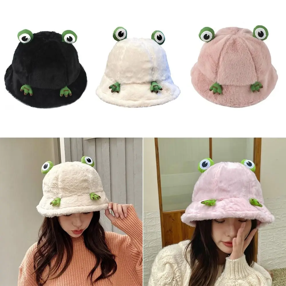 

Autumn Winter Fisherman Hat Fashion Soft Cute Bucket Hats Keep Warm Frog Hat Women