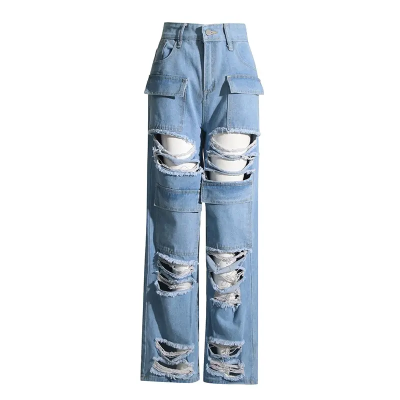 

Women Baggy Pant High Waist Wide Legs Hollow Out Raw Edge Stitching Jeans Vintage Straight Ripped Holes Streetwear Woman Clothes