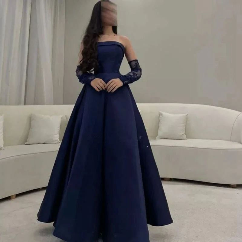 Navy Blue A Line Lace Sleeves Prom Dresses Women Off The Shoulder Satin Saudi Arabia Formal Evening Dresses vestidos de noche
Navy Blue A Line Lace Sleeves Prom Dresses Women Off The Shoulder Satin Saudi Arabia Formal Evening Dresses vestidos de noche