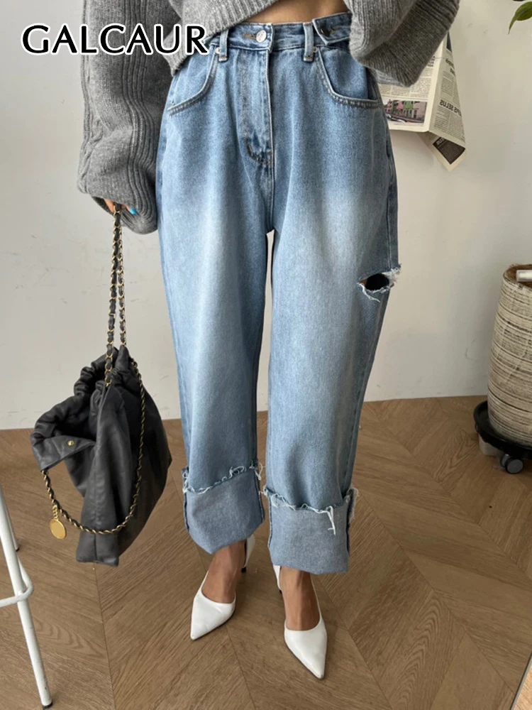 GALCAUR Casual Hole Denim Jeans For Women High Waist Patchwork Button Straight Pants Female 2023 Spring New Fashion Clothing
GALCAUR Casual Hole Denim Jeans For Women High Waist Patchwork Button Straight Pants Female 2023 Spring New Fashion Clothing