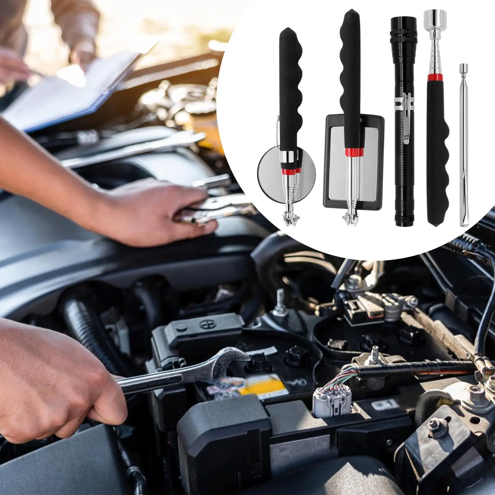 5Pcs Telescoping Magnetic Pick up Tool Kit Battery Powered Multipurpose Lightweight Adjustable Inspection Mirror for Car Repair
5Pcs Telescoping Magnetic Pick up Tool Kit Battery Powered Multipurpose Lightweight Adjustable Inspection Mirror for Car Repair