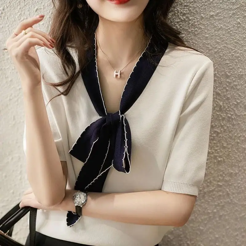 

Summer New Women's Color Blocking Scarf Collar Ribbon Bow Fashion Loose Slim Short Sleeve Versatile Ice Silk Knitting Tops