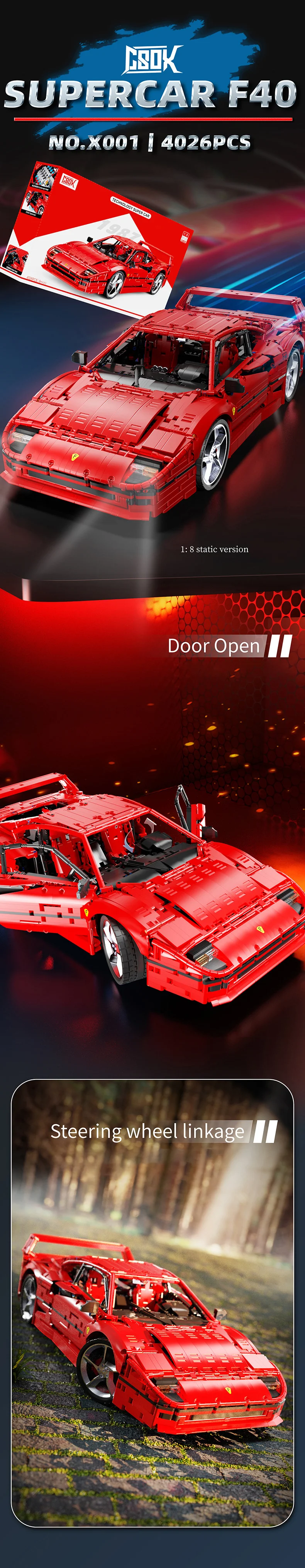 4026PCS Technical X001 Red Super SportsCar F40 Model MOC-140629 Classic Racing Assembly Building Block DIY Assemble Toy Kid Gift 4026PCS Technical X001 Red Super SportsCar F40 Model MOC-140629 Classic Racing Assembly Building Block DIY Assemble Toy Kid Gift