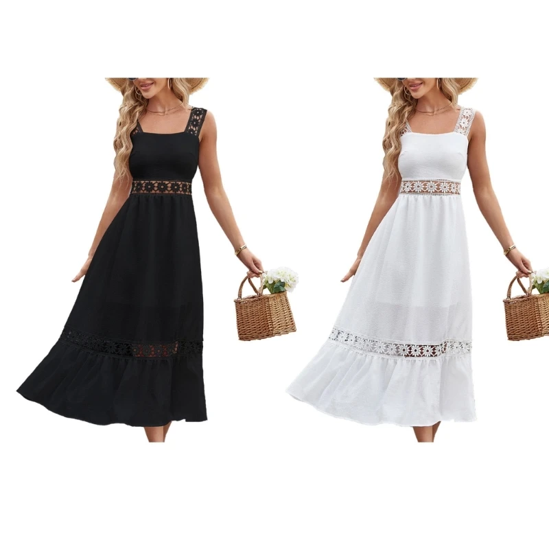 Womens Guipure Floral Lace Sleeveless Square Neck Cami Long Dress Empire High Waist Ruffle Hem Flowy A-Line Dresses
Womens Guipure Floral Lace Sleeveless Square Neck Cami Long Dress Empire High Waist Ruffle Hem Flowy A-Line Dresses