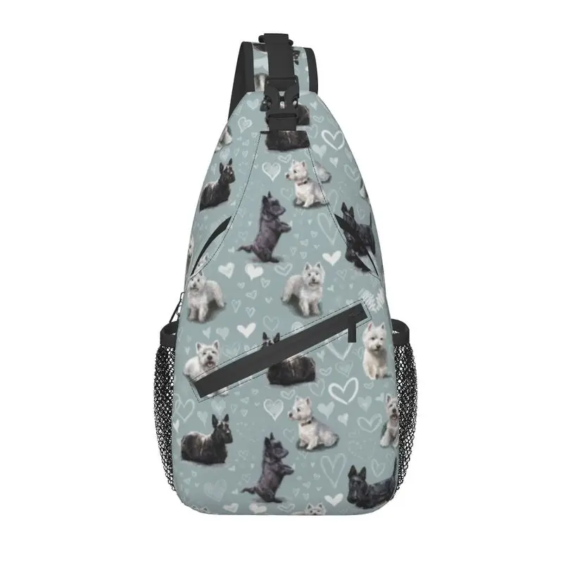 

Westies And Scottish Terrier Sling Crossbody Chest Bag Men Scottie Dog Puppies Pattern Shoulder Backpack for Travel Cycling