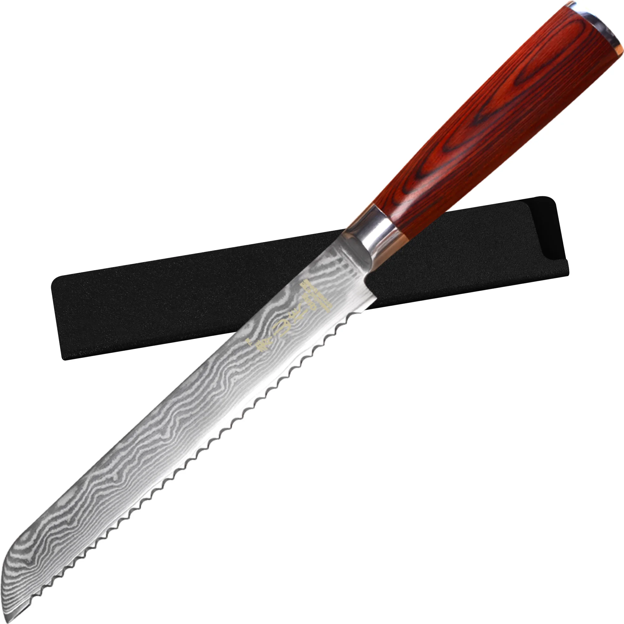 VG10 Japanese Damascus Bread Knife Non-Stick Sharp Blade 8 Inch Damascus Steel Kitchen Knife With Edge Guard
VG10 Japanese Damascus Bread Knife Non-Stick Sharp Blade 8 Inch Damascus Steel Kitchen Knife With Edge Guard