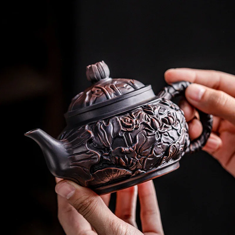

Retro Carving Purple Pottery Teapot Ceramic Household Kettle Pot Kung Fu Tea Set Pure Handmade Teapot Teapot for Tea Puer Tea