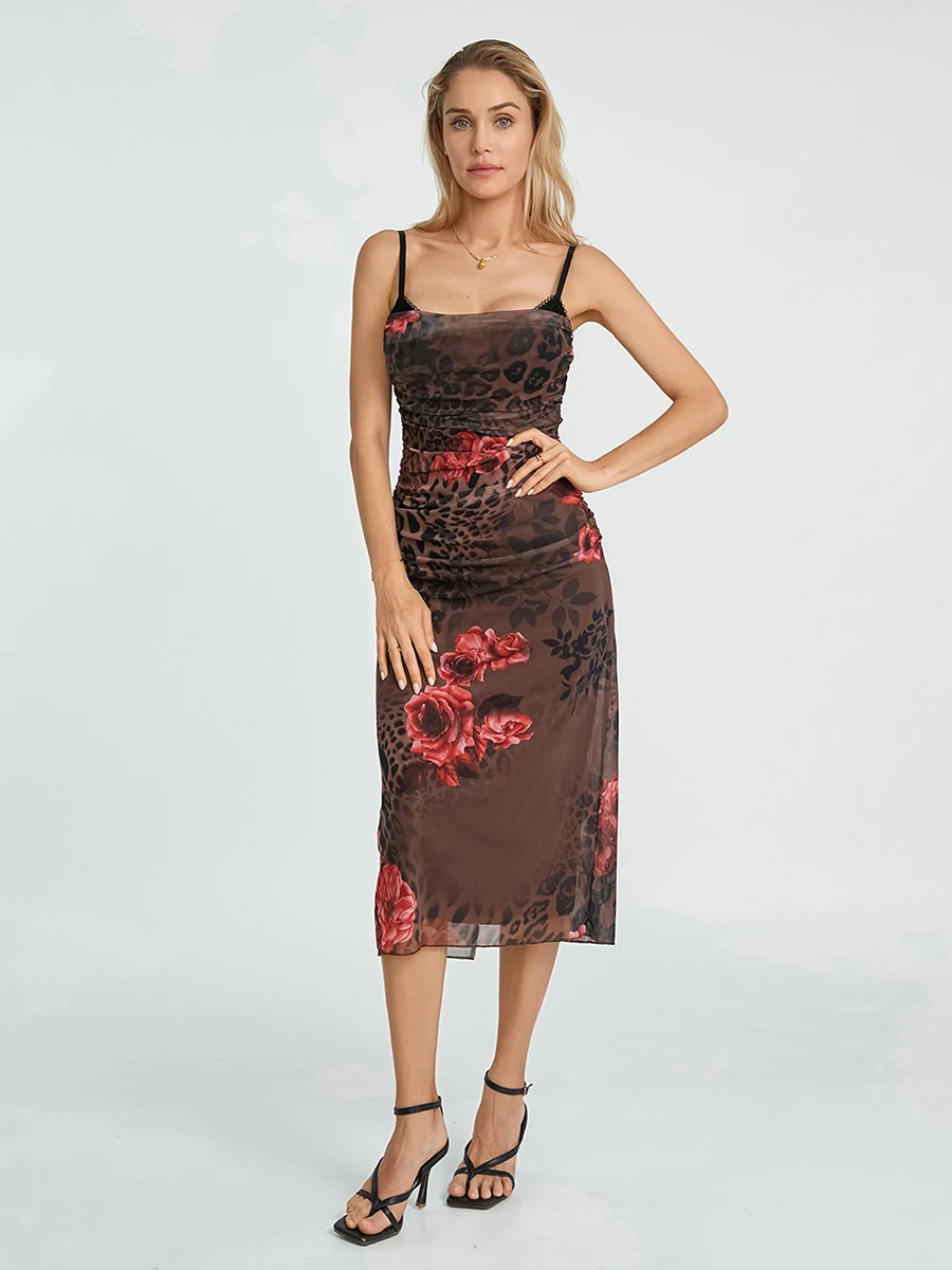 

hirigin Women y2k Floral Print Spaghetti Strap Maxi Dress Sexy Backless Long Dress See Through Cocktail Party Aesthetic Dress