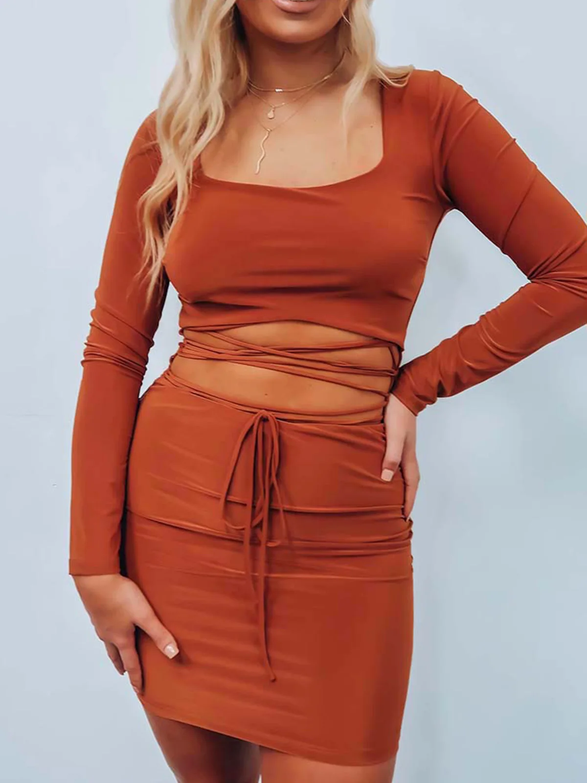 

2023 Autumn Winter Criss-Cross Drawstring Bodycon Dress Orange Bodycon Women Sexy Party Solid Color Charming Y2K Cozy Outfits