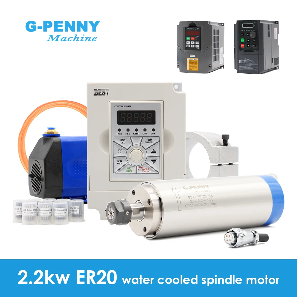 Комплект шпинделя с водяным охлаждением G-Penny 2,2 кВт ER20 HY/GP/Лучший инвертор и кронштейн 80 мм, водяной насос и цанги
Комплект шпинделя с водяным охлаждением G-Penny 2,2 кВт ER20 HY/GP/Лучший инвертор и кронштейн 80 мм, водяной насос и цанги