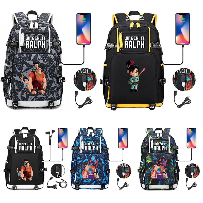 

Fashion Wreck-It Ralph Multifuction Boys Students Schoolbag Large Capacity Laptop Bag Waterproof USB Charging Backpack Mochila