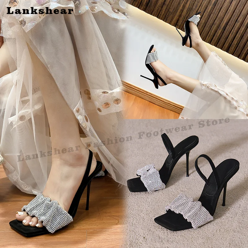 

2022 New Casual Square-Headed Slotted Sandals Women's High-Heeled Shoes with Diamond Thin Heels Handmade Size 34-40 Slipper