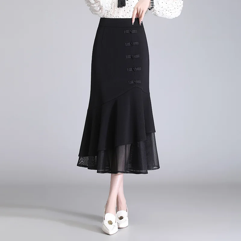 

Women Fashion Elegant Black Bodycon Fishtail Skirt Spring Summer Spliced Mesh Slim Fit Casual Suit Work Skirts Office Lady 2302