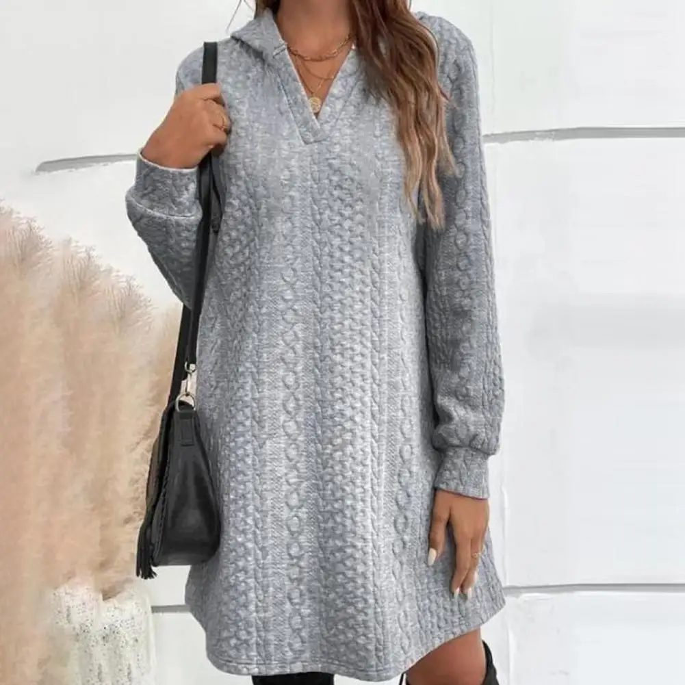 

Fall Women Dress Cozy Hooded V-neck Women's Dress with Applique Detailing Long Sleeve Pullover Above Knee Length for Fall Winter