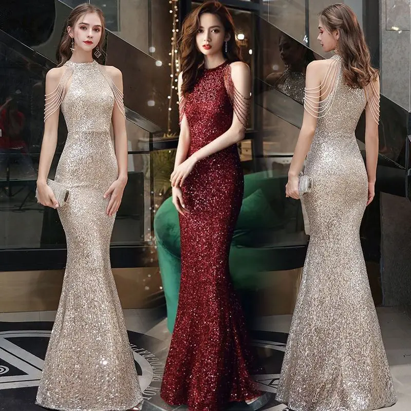 

New Evening Dress Women 2024 Sexy Noble Elegance Off Shoulder Gold Fishtail Skirt Slim Fit Long Dress