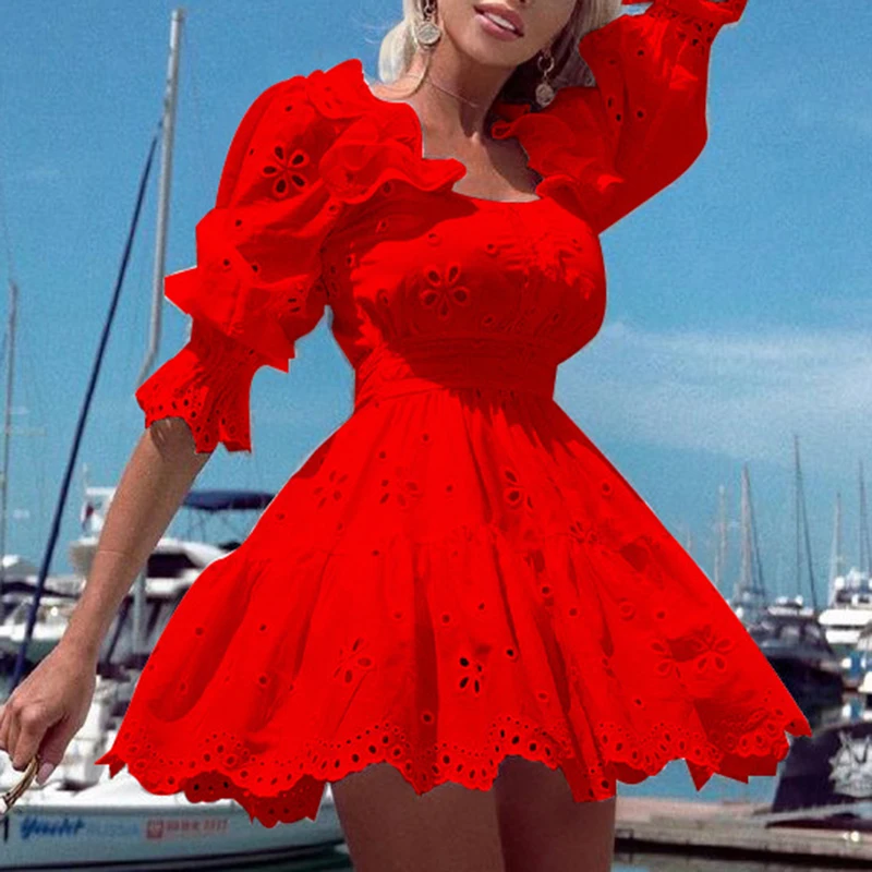 Summer Lace Ruffles Dress Elegant Hollow Out Solid Party Dresses Women Sexy Patchwork Loose Square Collar Casual Dress Vestidos
Summer Lace Ruffles Dress Elegant Hollow Out Solid Party Dresses Women Sexy Patchwork Loose Square Collar Casual Dress Vestidos