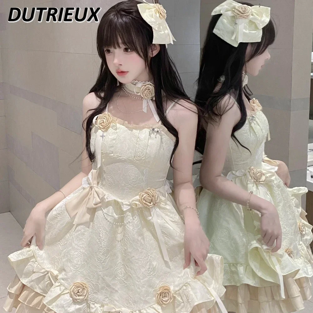 

Japanese Lolita Dress JSK Romantic Sweet Flowers Ruffled Heavy Industry Spring Summer New Puffy Trailing Princess Dresses Party