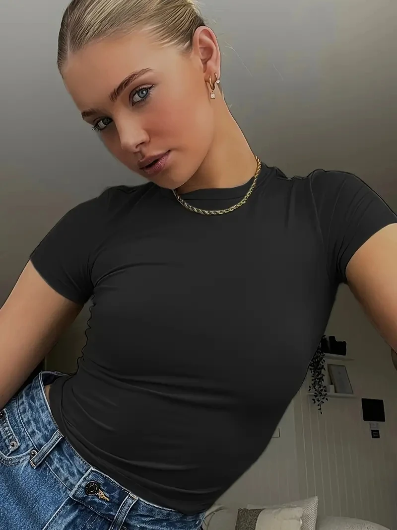 Solid Color Skinny Crew Neck T-Shirt Y2K Short Sleeve T-Shirt ForSpring & Summer Women's Clothing Soft Slight Stretch Tee Tops
Solid Color Skinny Crew Neck T-Shirt Y2K Short Sleeve T-Shirt ForSpring & Summer Women's Clothing Soft Slight Stretch Tee Tops