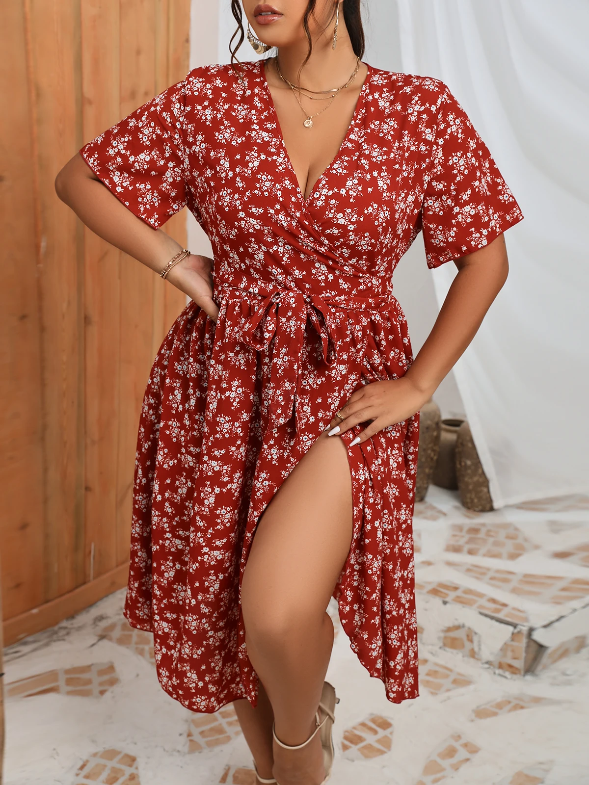

Finjani Wrap Dress Plus Ditsy Floral Print Belted Party Dresses For Women 2023 New Plus Size Women Clothing