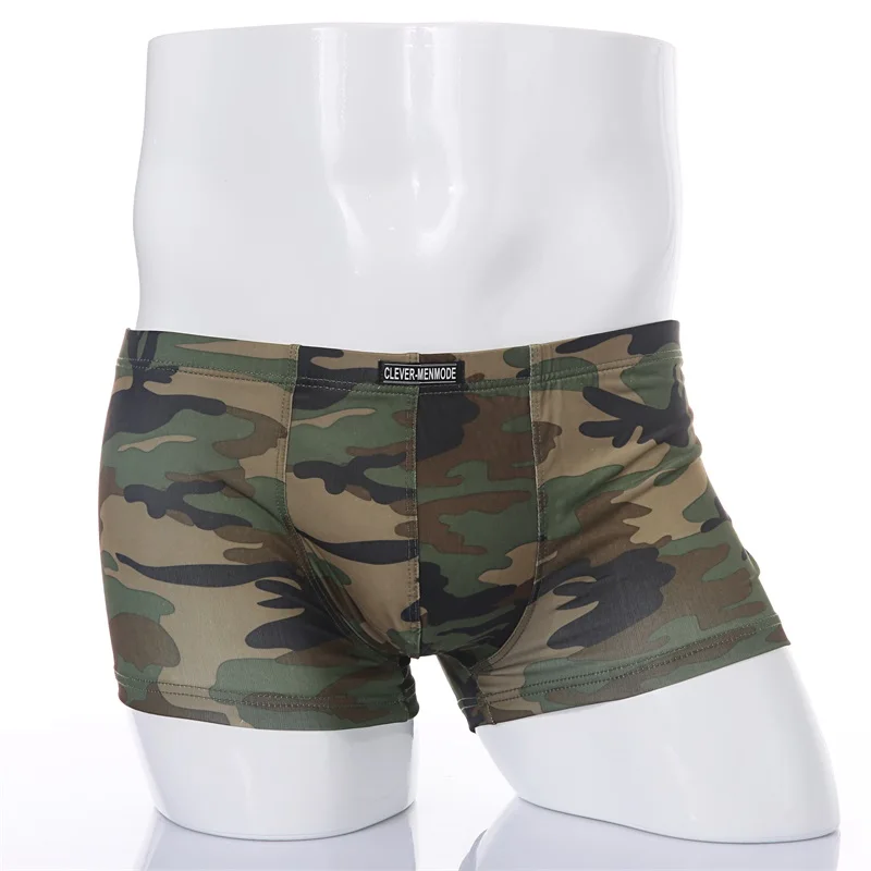 

CLEVER-MENMODE Men's Sexy Camouflage Boxer Shorts Bulge Penis Pouch Camo Underwear Low Rise Breathable Soft Trunks Hombre Male