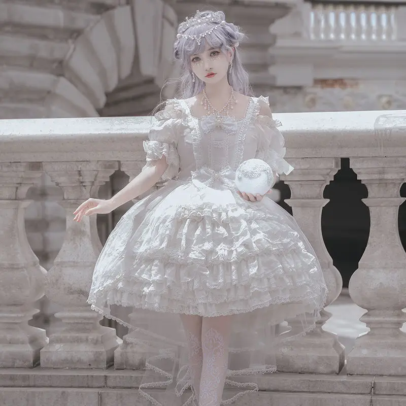 

Moon Flower Pure White Wedding Dress OP Short Sleeve Lolita Dress Bow Knot Lace Trailing Tail Kawaii Elegance