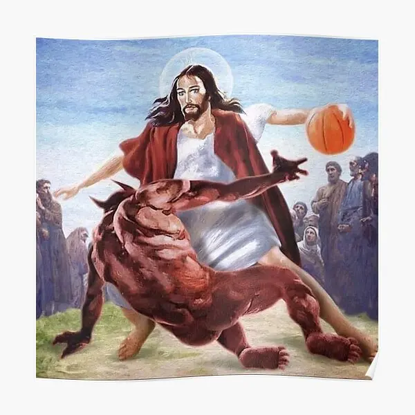 

Плакат Иисус против Сатаны в баскетболе, забавная печать, художественная живопись, Современная роспись, настенное украшение для комнаты, винтажный декор, без рамки