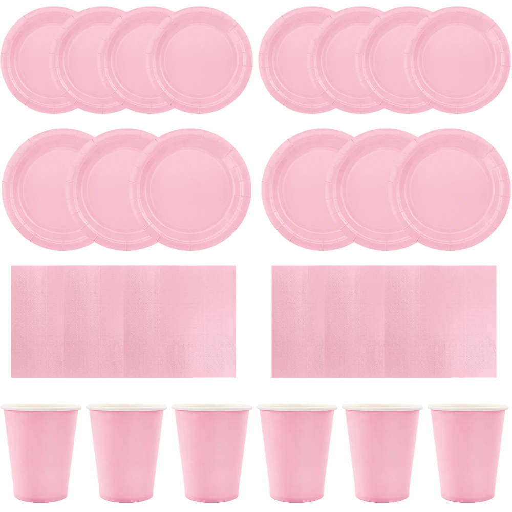 

Solid Pink Sets Birthday Decorations For Party Disposable Tableware Paper Napkins Cups Plates Tablecloths Party Supplies