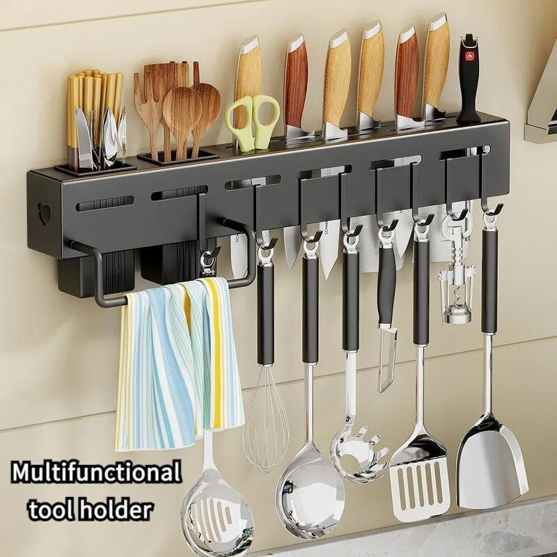 

Kitchen Storage Rack Wall-Mounted Multifunctional Storage Knife Rack Detachable Stainless Steel With Multiple Brackets And Hooks