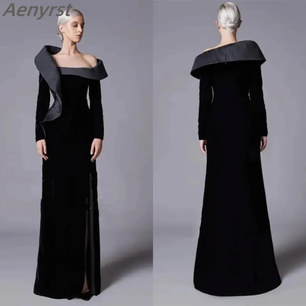 

Elegant Black Velour Evening Dresses Full Sleeves Mermaid Side Slit Floor Length Porm Party Gowns For Women فساتين سهره سعوديه