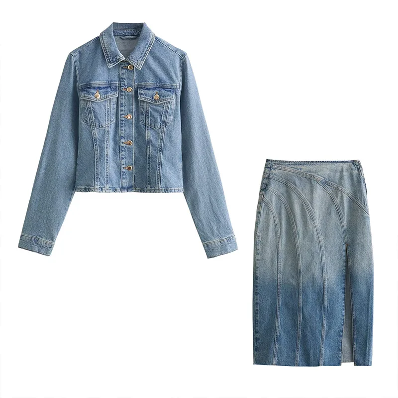 

Summer Ladies Jacket Coat Button Long Sleeve Denim Jacket Set 2024 Maze Denim Halter Split Long Skirt Two Piece Set