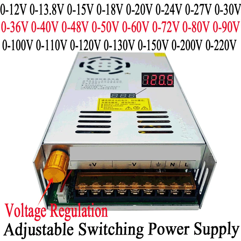 

Switching Power Supply 600W Adjustable Voltage AC 220V TO DC 0- 12 Volt 13.5V 24V 30V 48V 60V 72V 110V 220V Digital Display SMPS