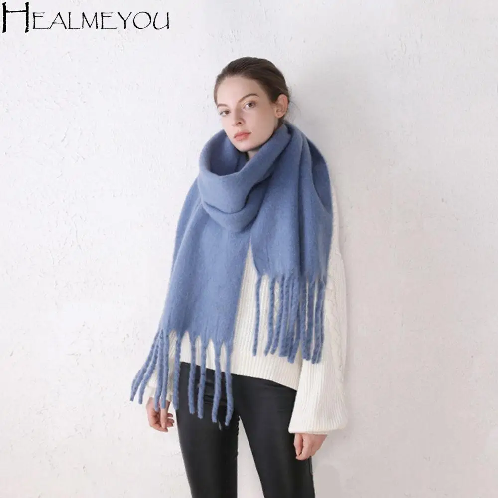 

Luxury Cashmere Scarf Classic Tassels Fluffy Scarf Solid Color Soft Shawl Thickened Warm Large Scarves Versatile Shawl Women