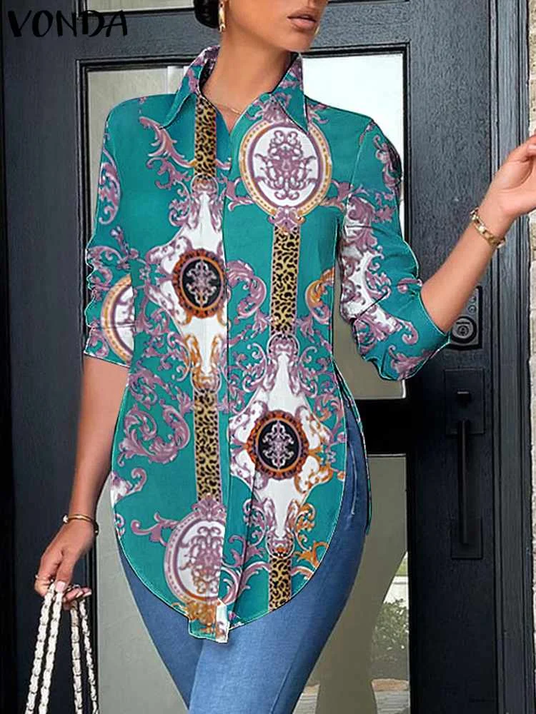 

VONDA женские блузки с принтом рубашки с длинным рукавом асимметричные богемные Туники Топы 2024 модные пуговицы повседневные женские блузы
