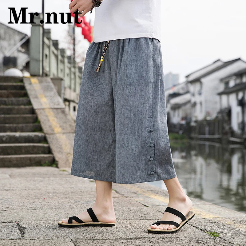 

Mr.nut Summer Unisex Beach Wide Leg Capri Pants Loose Oversize Baggy Pants Ice Silk Hip Hop Men's Clothing Chinese Style Clothes