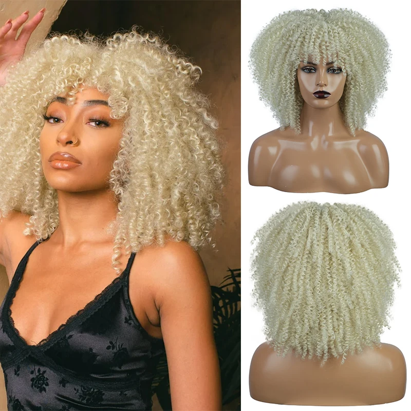 

Short Curly Wig Blonde 613 Fluffy Afro Kinky Curly Wigs with Bang for Black Women Natural Synthetic Ombre Cosplay Wig Red Black