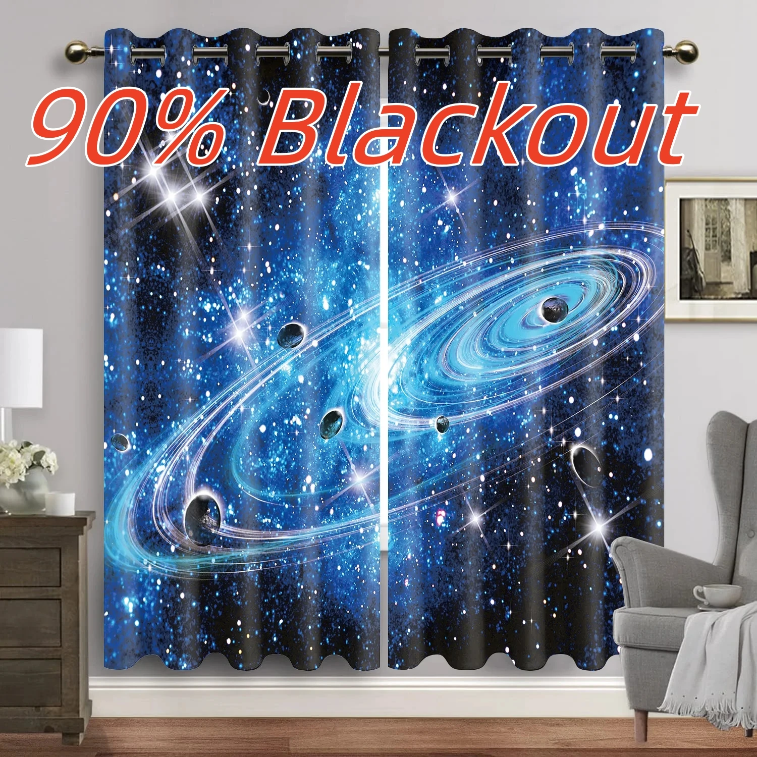 

Purple Galaxy Window Curtains Space Planet Eyelet Blackout Curtain Universe Stars Drapes for Bedroom Starry Forest Cortinas 2pcs