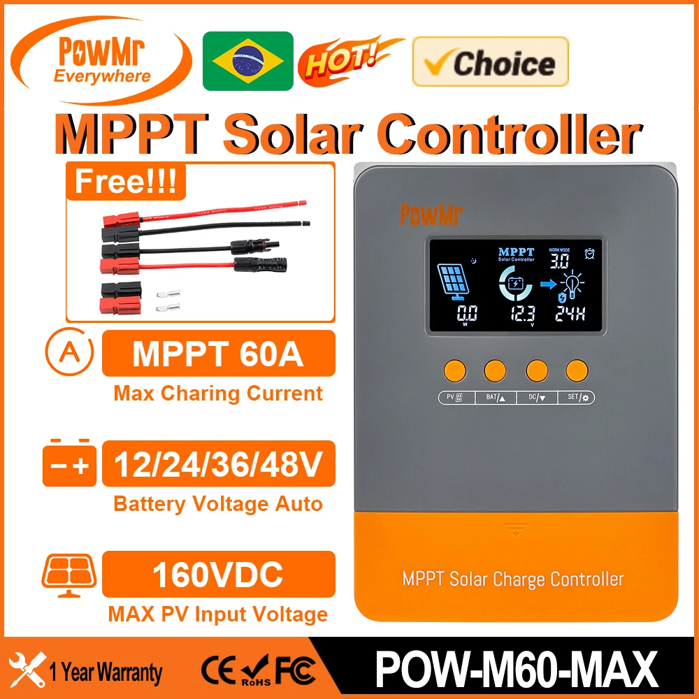 

Choice 60A MPPT Solar Charge Controller for 12/24/36/48V Battery Max 160VDC PV Panel Input With Widescreen And New Wiring Ports