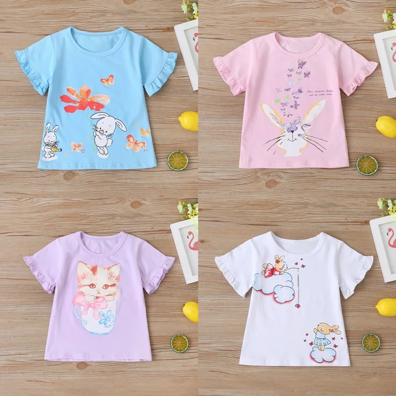 

Новая модная одежда для маленьких девочек, хлопковая футболка с короткими рукавами и оборками, топы с цветочным принтом «Ромашки», летняя праздничная одежда для детей, одежда для детей, От 2 до 6 лет