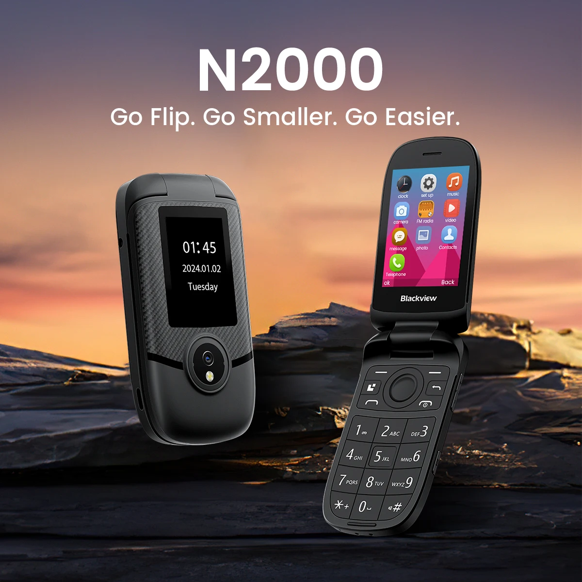 Blackview-Téléphone portable à rabat N2000, deux écrans, 2.8 pouces, appel rapide SOS, bouton poussoir plié 1