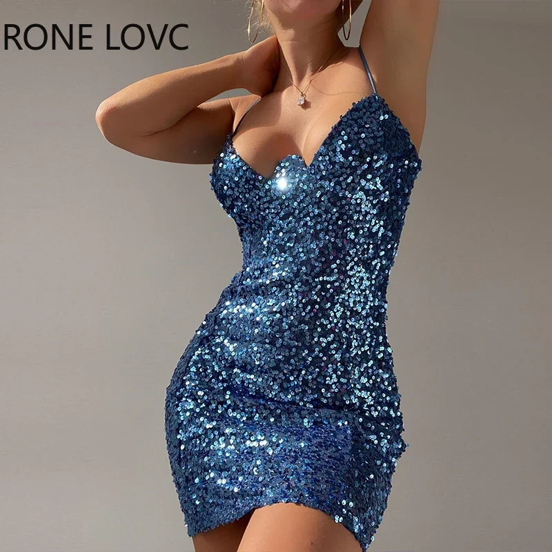 

Women Sexy Elegant Sequins Deep V Neck Cami Spaghetti Strap Mini Bodycon Sexy Party Dress