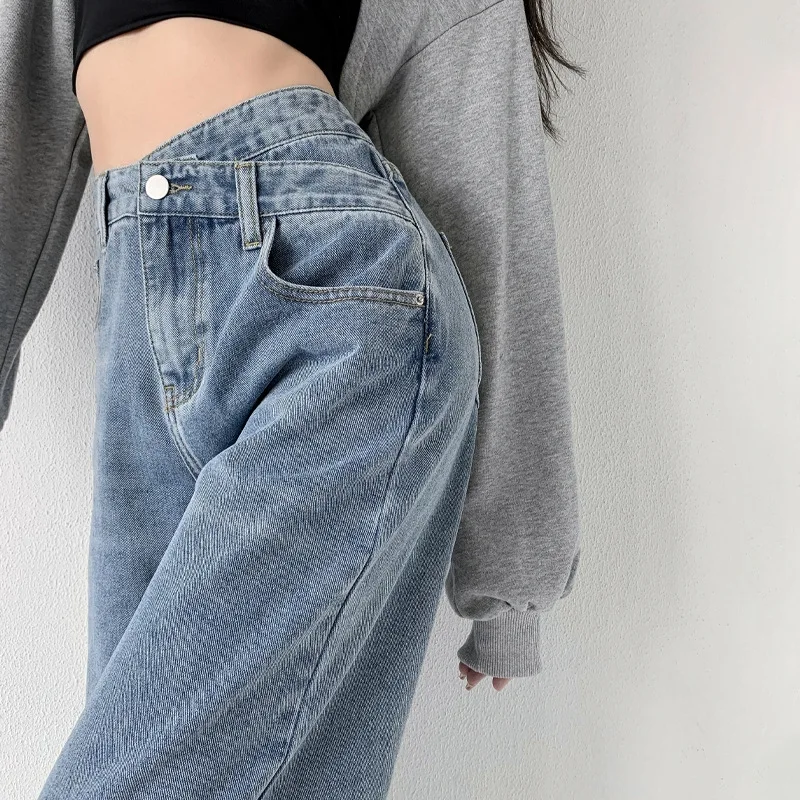 

Irregular loose straight leg jeans, versatile for women, regular diagonal buckle high waisted slimming, niche wide leg floor mop