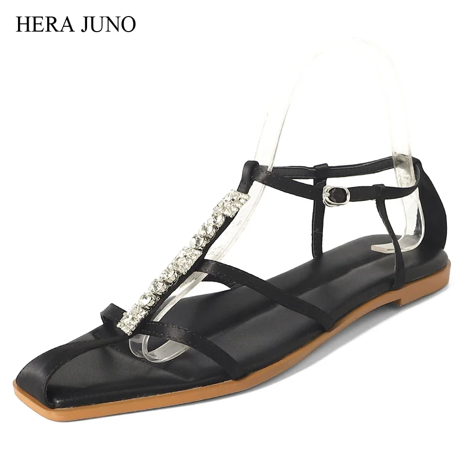 

HERA JUNO Women's Square Toe Gladiator Flats Sandals for Women Roman Crystal Ankle Strap Flat Sandal
