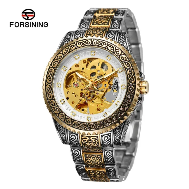 

FORSINING 378 B Automatic Mechanical Watch Fashion Waterproof Silvery Golden Stainless Steel Diamond Wristwatch for Male Clock