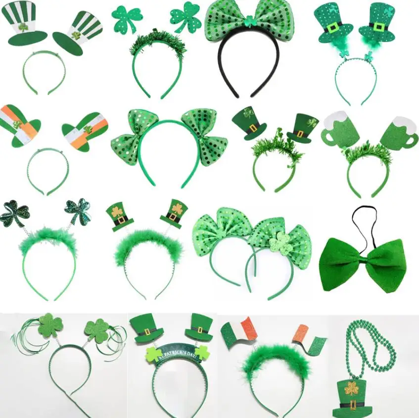 

100pcs St. Patrick's Day Headbands Green Shamrock Clover Top Hat Boppers Necklaces Assorted Styles for Irish Party Favors
