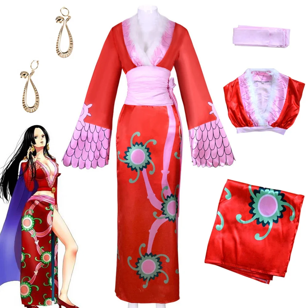 

New 2024 Anime Boa Hancock Cosplay Costume Women Sexy Empire Red Kimono Top Skirt Belt Suit Halloween Party Outfit Carnival