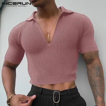 Camiseta Masculina Casual de Algodão de Manga Curta Primavera Verão 2023, Gola Alta, Respirável 13 INCERUN 2024 Men'sT Shirt Knitted Solid Color V Neck Short Sleeve Streetwear Summer Men Clothing Fashion Casual Crop Tops S-2XL